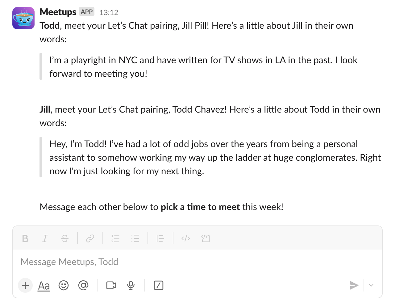 Screenshot of a group direct message that Meetups has started among two participants. It shows their intros to each other and tells them to pick a time to meet.