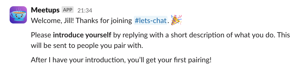 Screenshot of a conversation showing the Meetups Slack bot greeting a user who has joined a channel and asking them for an introduction.